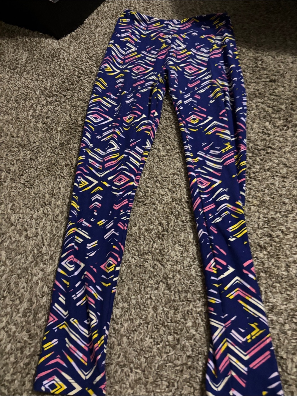 LuLaRoe Navy Leggings with Pink, Yellow & White Geometric Print